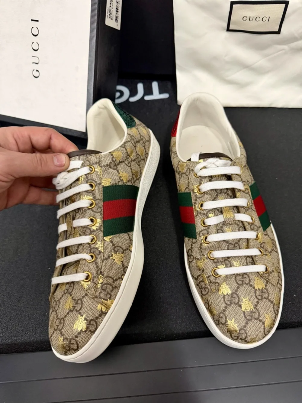 Gucci Beige Monogram Ace Sneaker with Green & Red Web